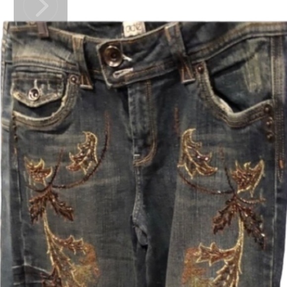 CACHE size 12 mid rise cropped jeans embellished brown & gold stretch - Picture 9 of 16